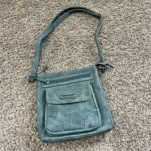 Stone Mountain USA Blue Laser Cut Floral Crossbody‎ Bag Faux Leather Boho Pocket